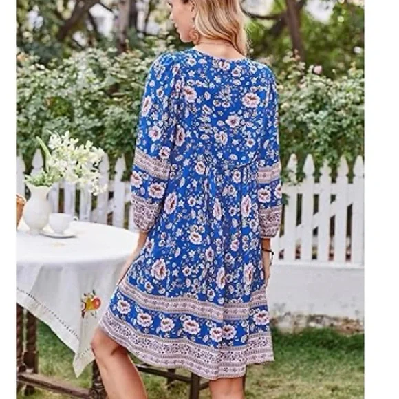 NWT Bluetime Summer Dress Boho V Neck 3/4 Sleeve Babydoll Floral Viscose Sz XL - Picture 3 of 13